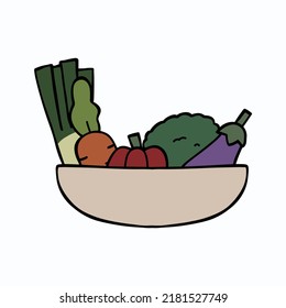 Vegetables in a bowl hand drawn vector illustration. Carrot, broccoli, eggplant, paprika, and spring onion.