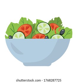 Vegetables in a bowl isolated on a white background. Tomatoes, cucumbers, olives in a pot. Fresh organic salad ingredients. Vector flat illustration cooking, vegetarian diet, healthy eating.