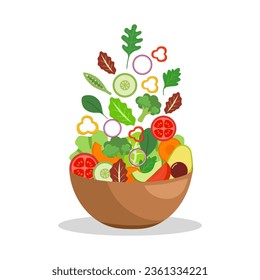 Vegetables in bowl. Salad bar for healthy meal. Vegetarian dish. Healthy food on white background.