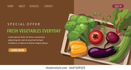 Legumes em uma caixa. Abóbora, brócolis, tomate e páprica. Alimentação e nutrição saudáveis. Vista superior