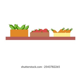 Verduras en cajas en el estante. Tienda de comestibles. Ilustración plana de color simple de Vector.