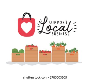 vegetables boxes with support local business design of retail buy and market theme Vector illustration