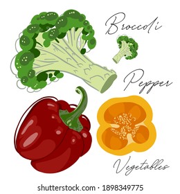 Vegetables, broccoli, papper, element for menu, patterns, backgrounds, labels, packaging, design, banners, flyers, handmade art decoration. Doodles, graphics, sketch, vector illustration.