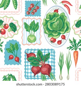 Vegetables cabbage, beet, kohlrabi, radish, pea, tomato, carrot, onion, pepper, broccoli seamless pattern checkered background. Kitchen print.