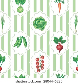 Vegetables cabbage, beet, kohlrabi, radish, pea, tomato, carrot, onion, pepper, broccoli seamless pattern. Kitchen print.
