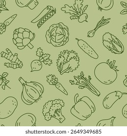Vegetables: cabbage, carrot, pepper, bell pepper, cabbage, broccoli, ginger, garlic, cucumber, turnip, green peas, tomato, celery, green onion, lettuce, eggplant and spinach. Seamless vector pattern
