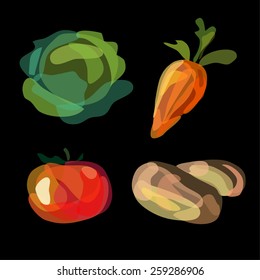 Vegetables: cabbage, carrot, tomato, potato. Paint style food design. Doodle background. Vector illustration.