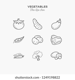 vegetables, cabbage, onions, mushrooms and more, thin line icons set, vector illustration