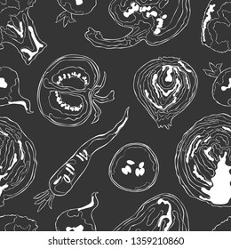 Vegetables: cabbage, tomato, cucumber, onion, broccoli, radishes, peppers, carrots. Seamless vector pattern (background).