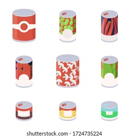 Vegetables canned food. Vector flat illustration. Long term food set.
