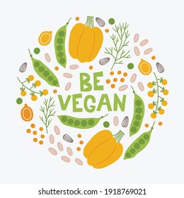 Vegetables card with dill, pepper, green pea, sunflower seeds, lentil, cherry tomato on white background. Circle food ornament. Perfect for menu, diet vegetarian and vegan posters. Vector illustration