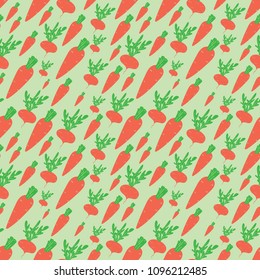 Vegetables carrots and beets painted on a light green background. Seamless pattern.
