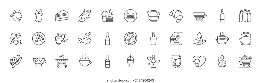 Vegetables cart, Ice cream and Cake line icons. Pack of Gas grill, Milk jug, Coffee break icon. Organic waste, Coffee cocktail, Scotch bottle pictogram. Prohibit food, Love champagne. Vector