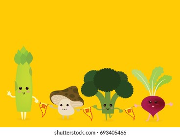 Vegetables cartoon character include asparagus, mushroom, broccoli and purple radish are hold the flag have a symbol characters that is mean without meat to celebrate the vegetarian festival.