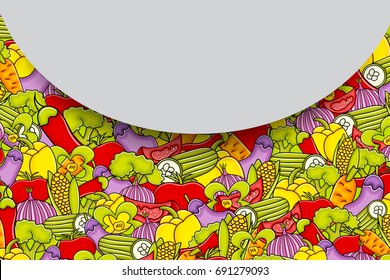 Vegetables cartoon doodle design. Cute background concept for greeting card,  advertisement, banner, flyer, brochure. Hand drawn vector illustration. 
