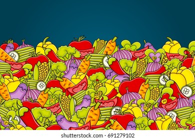 Vegetables cartoon doodle design. Cute background concept for greeting card,  advertisement, banner, flyer, brochure. Hand drawn vector illustration. 