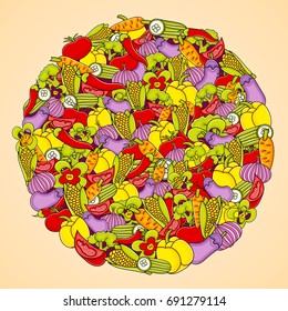 Vegetables cartoon doodle design. Cute background concept for greeting card,  advertisement, banner, flyer, brochure. Hand drawn vector illustration. 