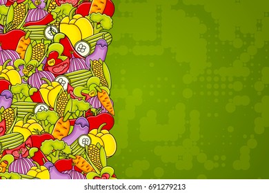 Vegetables cartoon doodle design. Cute background concept for greeting card,  advertisement, banner, flyer, brochure. Hand drawn vector illustration. 