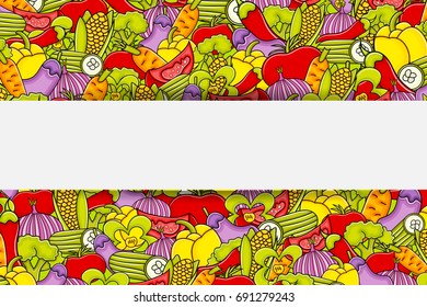 Vegetables cartoon doodle design. Cute background concept for greeting card,  advertisement, banner, flyer, brochure. Hand drawn vector illustration. 