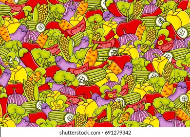 Vegetables cartoon doodle design. Cute background concept for greeting card,  advertisement, banner, flyer, brochure. Hand drawn vector illustration. 