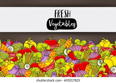 Vegetables cartoon doodle design. Cute background concept for greeting card,  advertisement, banner, flyer, brochure. Hand drawn vector illustration. 