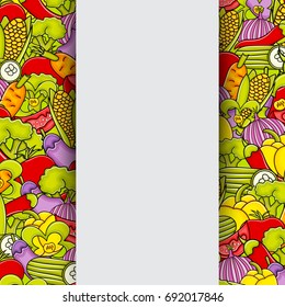 Vegetables cartoon doodle design. Cute background concept for greeting card,  advertisement, banner, flyer, brochure. Hand drawn vector illustration. 