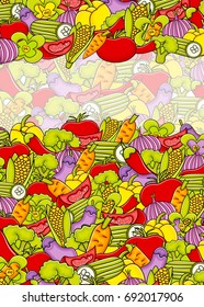 Vegetables cartoon doodle design. Cute background concept for greeting card,  advertisement, banner, flyer, brochure. Hand drawn vector illustration. 