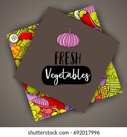 Vegetables cartoon doodle design. Cute background concept for greeting card,  advertisement, banner, flyer, brochure. Hand drawn vector illustration. 
