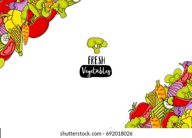 Vegetables cartoon doodle design. Cute background concept for greeting card,  advertisement, banner, flyer, brochure. Hand drawn vector illustration. 