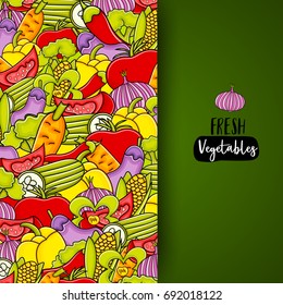 Vegetables cartoon doodle design. Cute background concept for greeting card,  advertisement, banner, flyer, brochure. Hand drawn vector illustration. 