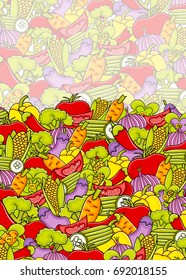 Vegetables cartoon doodle design. Cute background concept for greeting card,  advertisement, banner, flyer, brochure. Hand drawn vector illustration. 