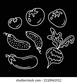 Vegetables cartoon doodle drawing collection on the blackboard. Vegetable such as cucumber, eggplant, tomato, beet. Hand drawn vector doodle illustrations
