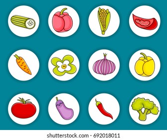 Vegetables cartoon doodle icon set. Cute elements for greeting card,  advertisement, banner, flyer, brochure. Hand drawn vector illustration. 