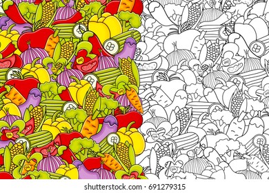 Vegetables cartoon doodle outline design. Cute black and white lineart background concept for greeting card,  advertisement, banner, flyer, brochure. Hand drawn vector illustration. 