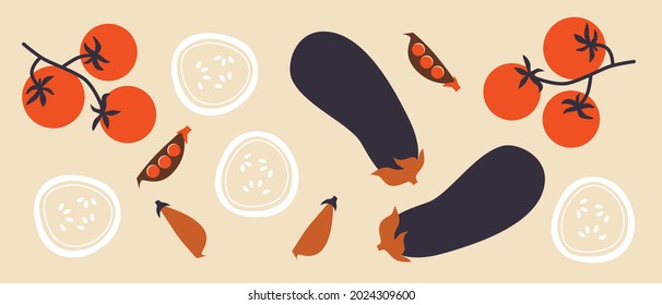 Vegetables cartoon flat vector. Cooking ingredients illustration. Abstract icon vegetables. Autumn harvest clip art for groceries, agriculture stores, packaging and advertising. Isolated. EPS10.