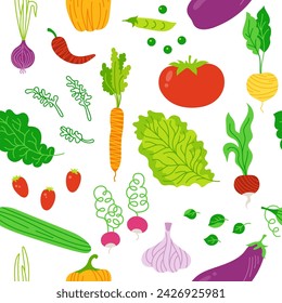 Vegetables cartoon seamless background pattern. Vegetarian childish funny Vector food. Vegetable endless boundless baby design for paper print, textile, wrapper backdrop, repeat template packaging