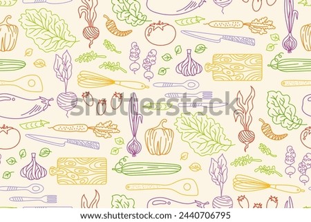 Vegetables cartoon seamless background pattern. Vegetarian childish healthy food. Vegetable endless boundless baby design for paper print, textile, wrapper backdrop, repeat template packaging vector