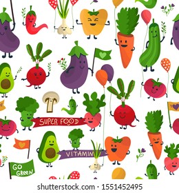 Vegetables cartoon seamless pattern. Hand drawn colorful veggies - carrot, chilli, radish, pepper, squash, beet, eggplant, broccoli, tomato, avocado. Smiling characters with baloons, flags, banners.