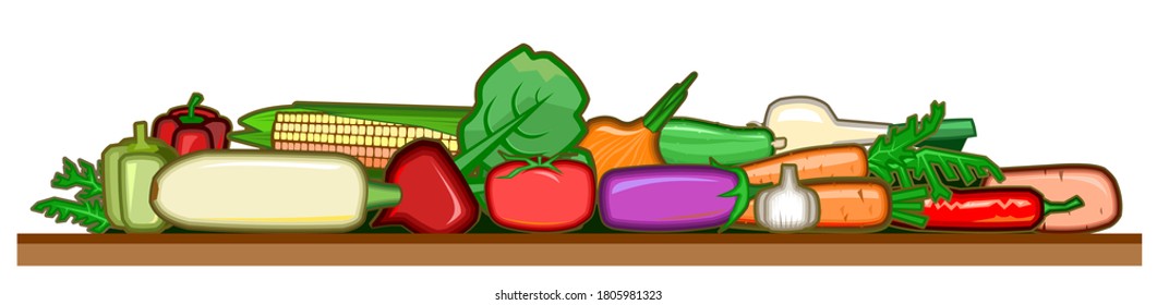 Vegetables in a cartoon style. Isolated vector illustration on a white background. Garden fruits: hot and bell peppers, zucchini, corn, beets, onions, tomatoes, eggplant, cucumber, garlic, carrots