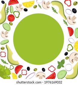 Vegetables in a cartoon style. Vector illustration. Square frame with tomato, avocado, olives, mushrooms, lemon, cucumber, pepper, lettuce, onion. Green background inside. For menu, poster, market