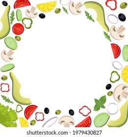 Vegetables in a cartoon style. Vector illustration. Round frame with empty space for text with tomato, avocado, olive, mushroom, lemon, cucumber, pepper, lettuce, onion on white isolated background.