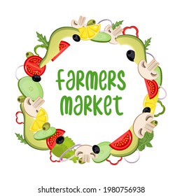 Vegetables in a cartoon style. Vector illustration. Round lettering template Farmers market. Tomato, avocado, olive, mushroom, lemon, cucumber, pepper, lettuce, onion. For poster, advertisement.
