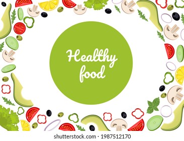 Verduras de dibujos animados. Ilustración vectorial. Un afiche con un marco de tomate, aguacate, aceitunas, setas, limón, pepino, pimienta, lechuga, cebolla. Texto sobre un fondo verde Alimentos saludables.