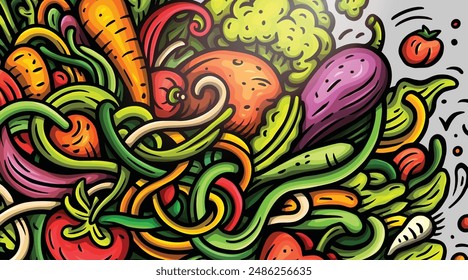 Vegetables cartoon vector doodle background. Veggies banner design. Nature elements and objects illustration. Bright colors funny picture.