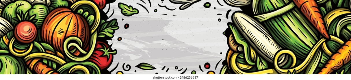 Fondo de garabato de Vector de dibujos animados de verduras. Diseño de Anuncio vegetariano. Ilustración de Elementos y objetos de Naturaleza. Colores brillantes divertida imagen.