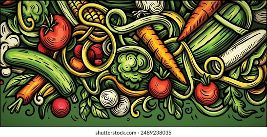 Vegetables cartoon vector doodle background. Veggies banner design. Nature elements and objects illustration. Bright colors funny picture.