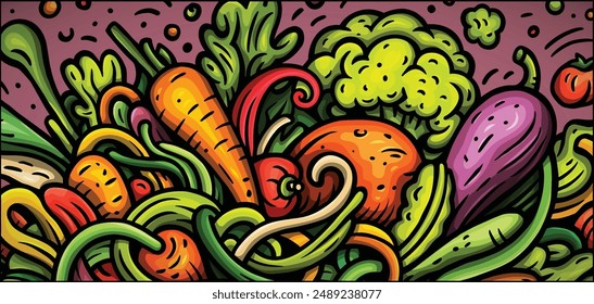 Vegetables cartoon vector doodle background. Veggies banner design. Nature elements and objects illustration. Bright colors funny picture.