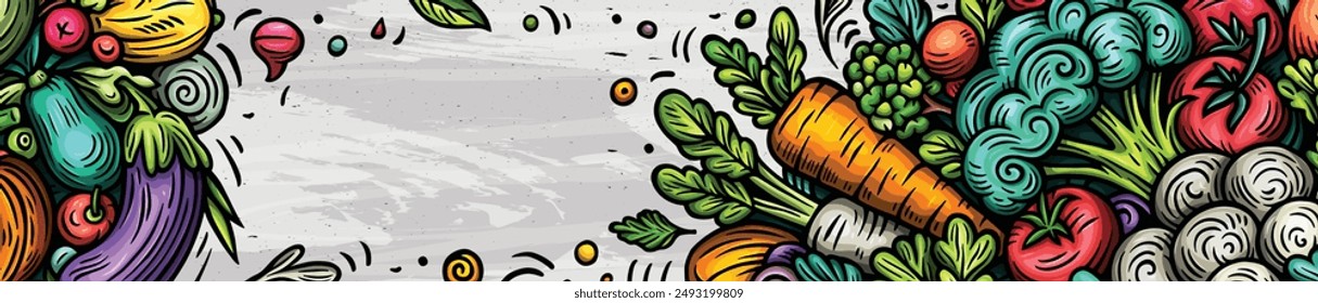 Vegetables cartoon vector doodle background. Veggies banner design. Nature elements and objects illustration. Bright colors funny picture.
