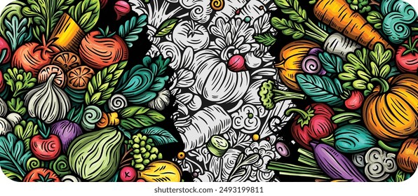 Fondo de garabato de Vector de dibujos animados de verduras. Diseño de Anuncio vegetariano. Ilustración de Elementos y objetos de Naturaleza. Colores brillantes divertida imagen.