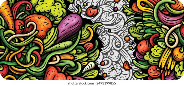 Vegetables cartoon vector doodle background. Veggies banner design. Nature elements and objects illustration. Bright colors funny picture.